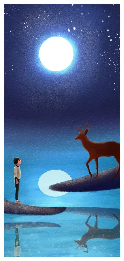 نقاشی تصویر زمینه گوزن و پسر بچه در شب مهتابی