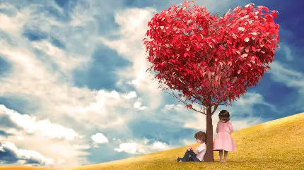 نقاشی کارتونی کنار درخت عشق و زوج بچه دختر و پسر