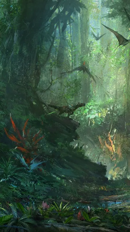 تصویر زمینه سه بعدی از جنگل و دایناسور
