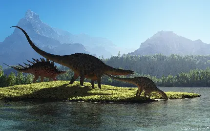 عکس دایناسورهای گردن دراز گیاهخوار بزرگ کنار دریاچه