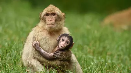 عکس استوک بچه میمون در بغل مادرش