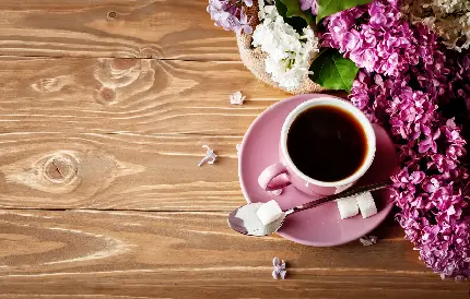 پس زمینه گل‌های بهاری بنفش کنار قهوه برای نوشتن متن