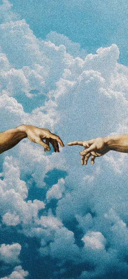 دانلود والپیپر دست‌های میکلانژ در بک گراند آبی آسمان ابری