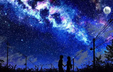 تصویر رمانتیک از دختر و پسر زوج تاریک زیر آسمان پرستاره شب