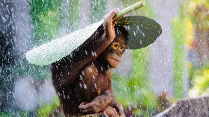 تصویری جالب از اورانگوتان در طبیعت بکر در حال بارش