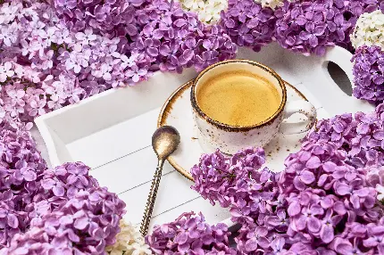 تصویر زمینه گل‌های بنفش همراه قهوه بهاری